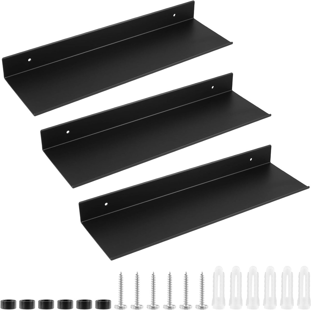 Set van 3 Wandplanken van Metaal, 40 cm, Zwarte Badkamerplanken met Schroeven en Afdekkappen voor Badkameropslag en Decoratie
