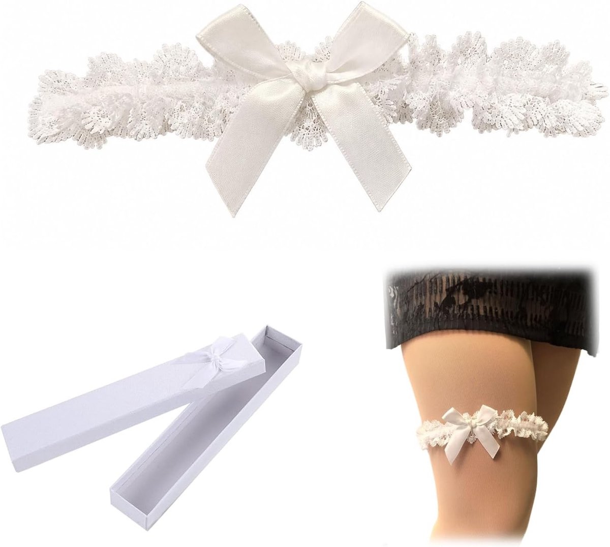 Kousenband voor de bruid in geschenkverpakking, elegante kant kousenbanden voor bruiloft en feestelijke gelegenheden.