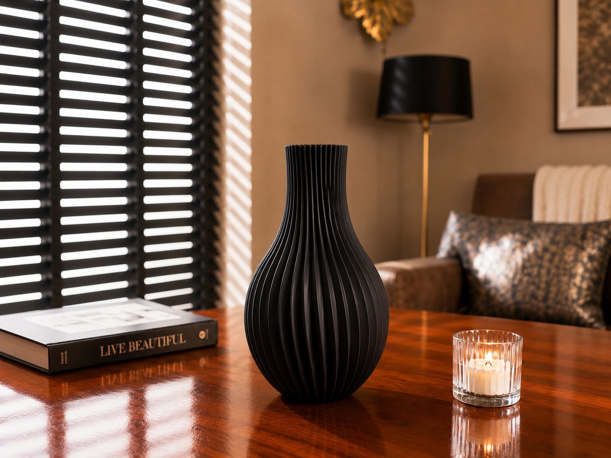 ABCShopper Moderne Bloemenvaas Glans - Vaas Droogbloemen - Zwart - Tafeldecoratie - Decoratie Woonkamer Tafel - 3D-ontwerp in Duurzaam PLA-materiaal - Cadeau voor Vrouw - Cadeautje voor Haar