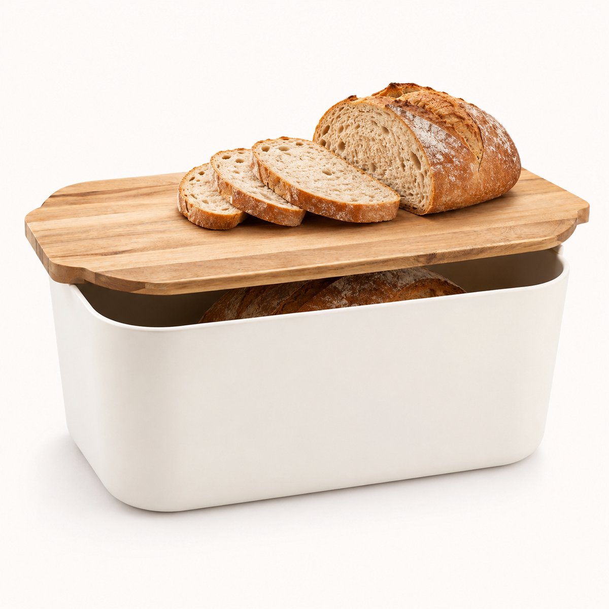 By Viento Broodtrommel met Acacia Deksel – Broodbox met Broodplank – Kunststof – Crème / Wit – 33 x 12 x 19 cm
