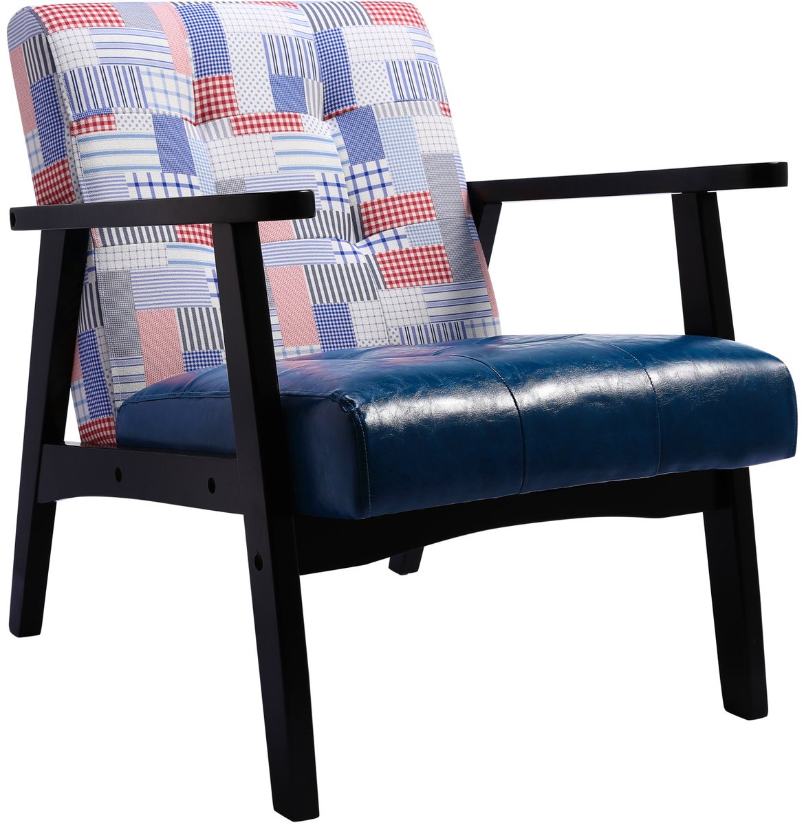 HomeMiYN Japanse Fauteuil – PU Leer & Linnen Look Patchwork Stoel – Blauwe Geruite & Gestreepte Design – Zwarte Armleuningen – Lage Lounge Stoel
