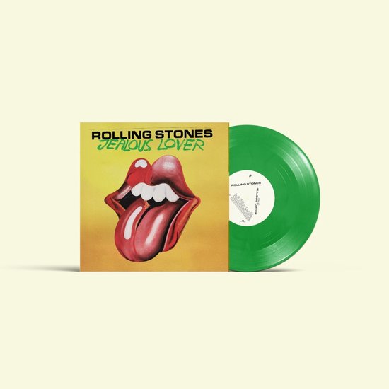 Groene 10-inch vinylplaat van The Rolling Stones - Jealous Lover, met iconisch lip-en-tong-logo op de hoes.