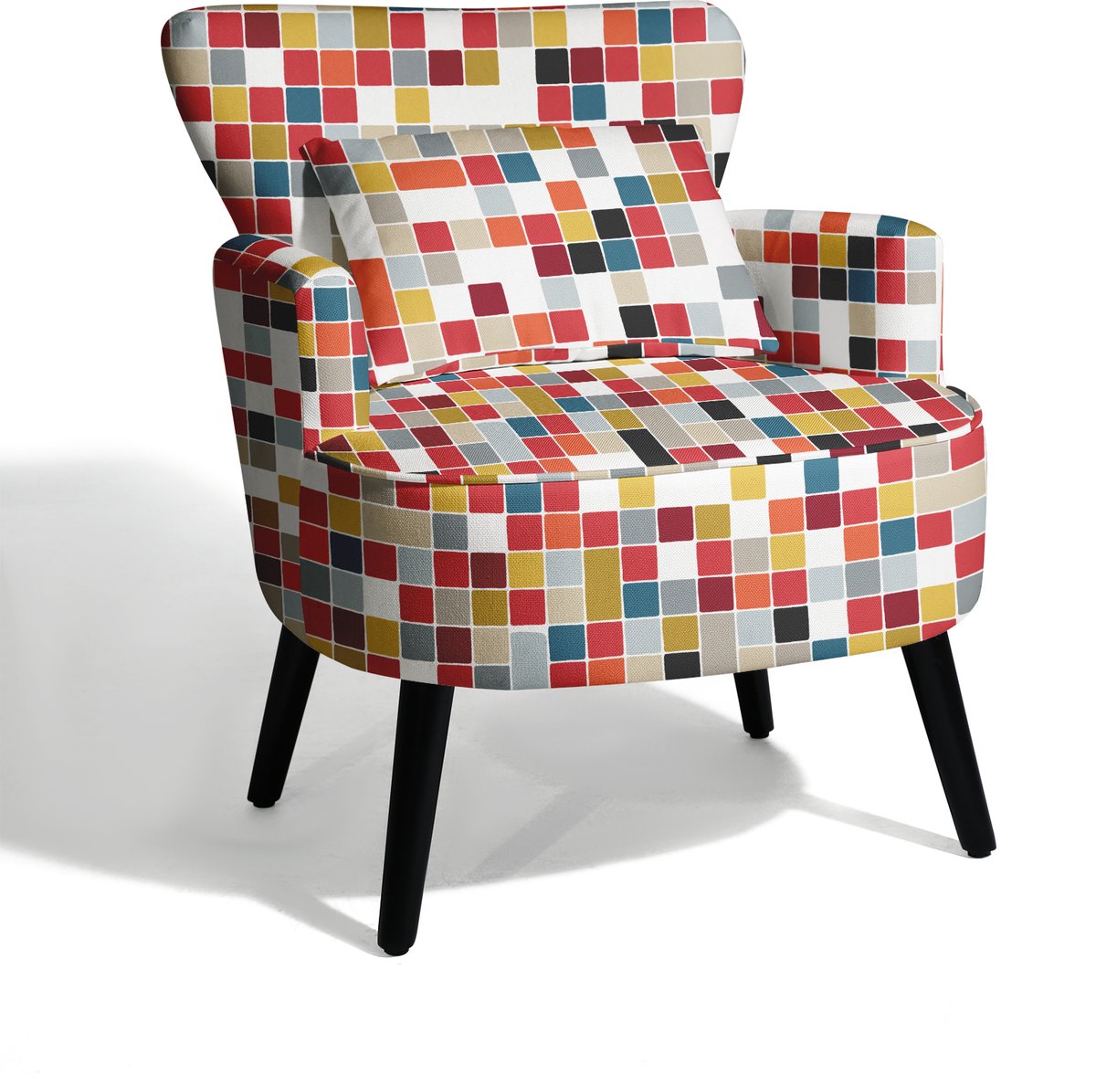 HomeMiYN Lounge Fauteuil – Linnen Look Mozaïek Design Stoel – Kleurrijke Patchwork Print Armstoel – Comfortabele Hoge Rugleuning Stoel voor Woonkamer en Slaapkamer