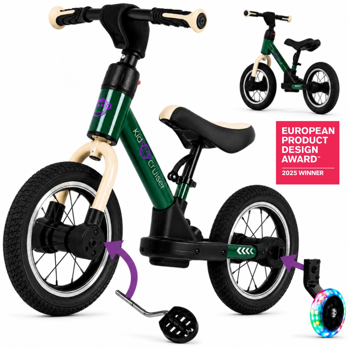 Kidcruiser Loopfiets 2+ jaar Optioneel met LED Zijwieltjes & Trappers 3-in-1 Kinderfiets 12 inch – Donker – Modulair Design Zwart