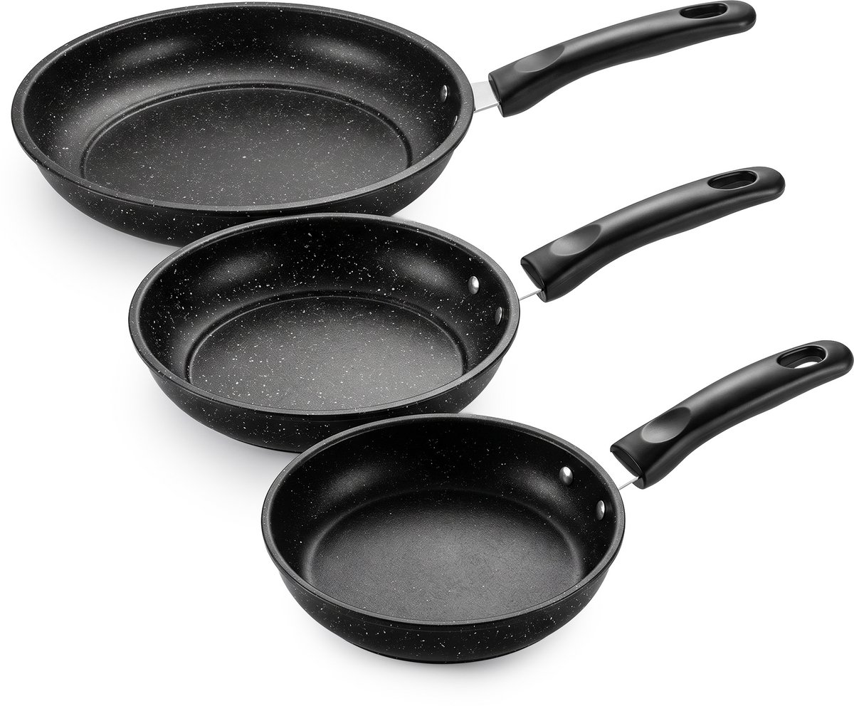 Koekenpannenset 3-delig – PFAS-vrij – 20 cm, 24 cm & 28 cm – Antiaanbak Koekenpannen – Geschikt voor Inductie, Gas, Elektrisch en Keramisch – Zwart