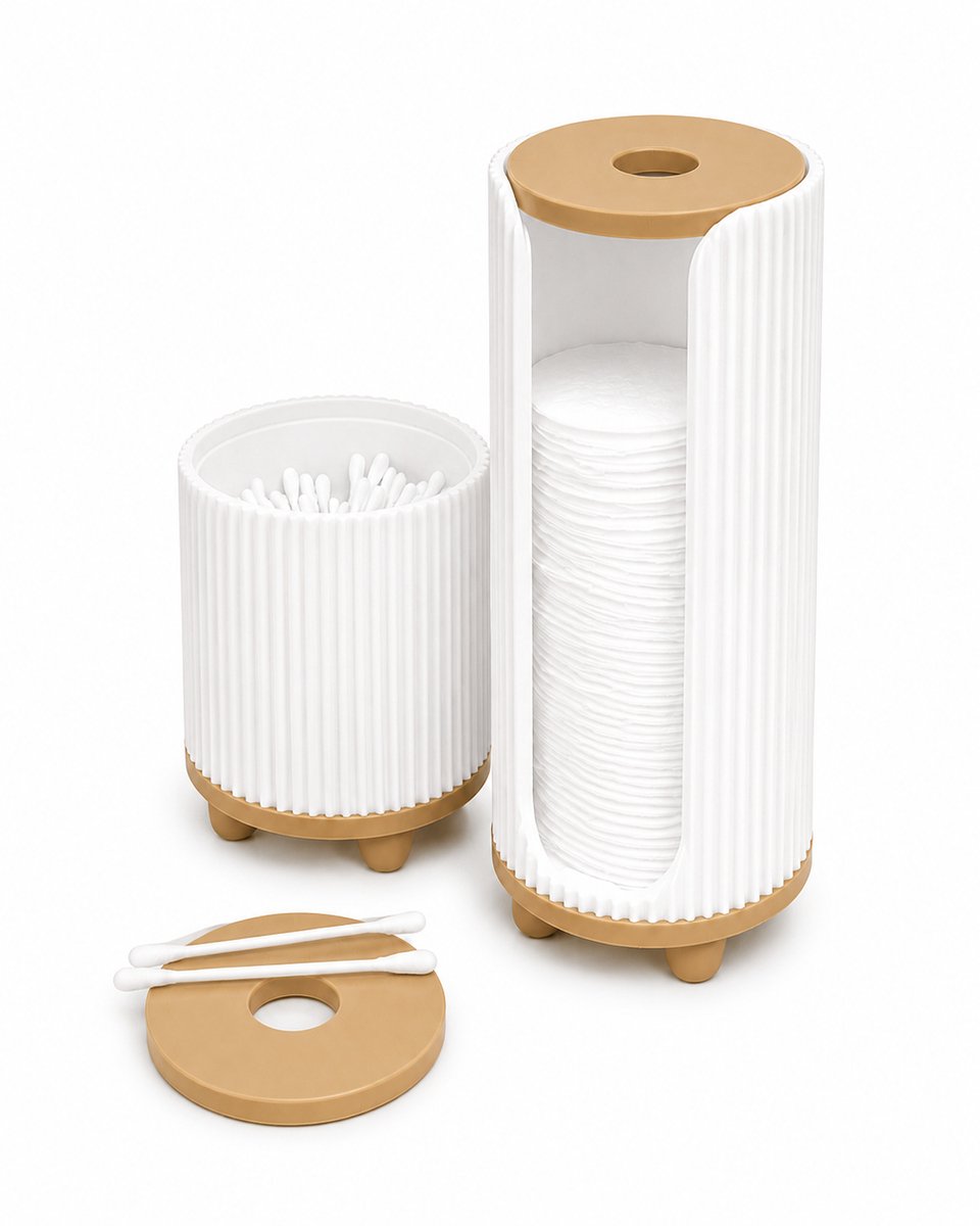 Wattenschijfjeshouder met Wattenstaafjeshouder – Badkamer Organizer – Geribbeld Design - Wit/Beige