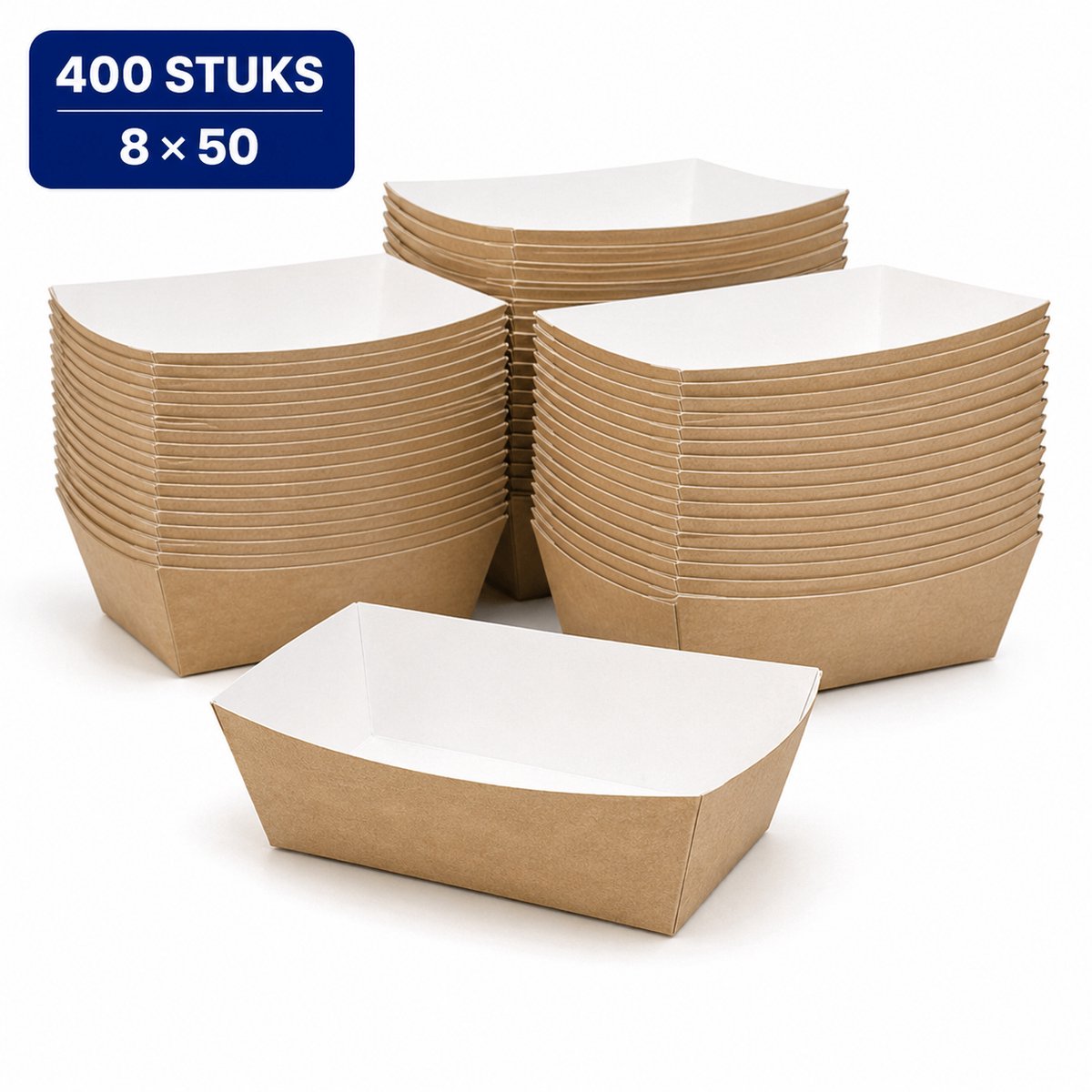 Frietbakjes A9 Kraft/Wit BIO – 400 Stuks – Kartonnen Snackbakjes 11,4 x 6,7 x 3,9 cm – Voor Friet, Kibbeling en Takeaway