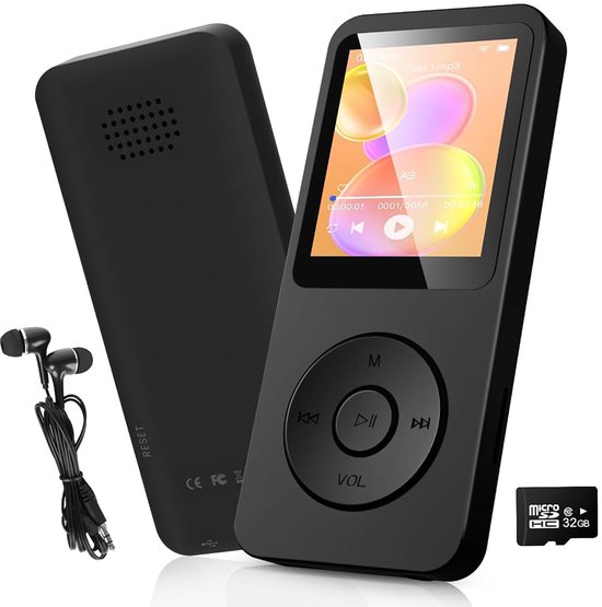 Zwarte MP3-speler, met hoofdtelefoon, USB-stick en 32 GB TF-kaart. De achterkant van de speler is te zien.