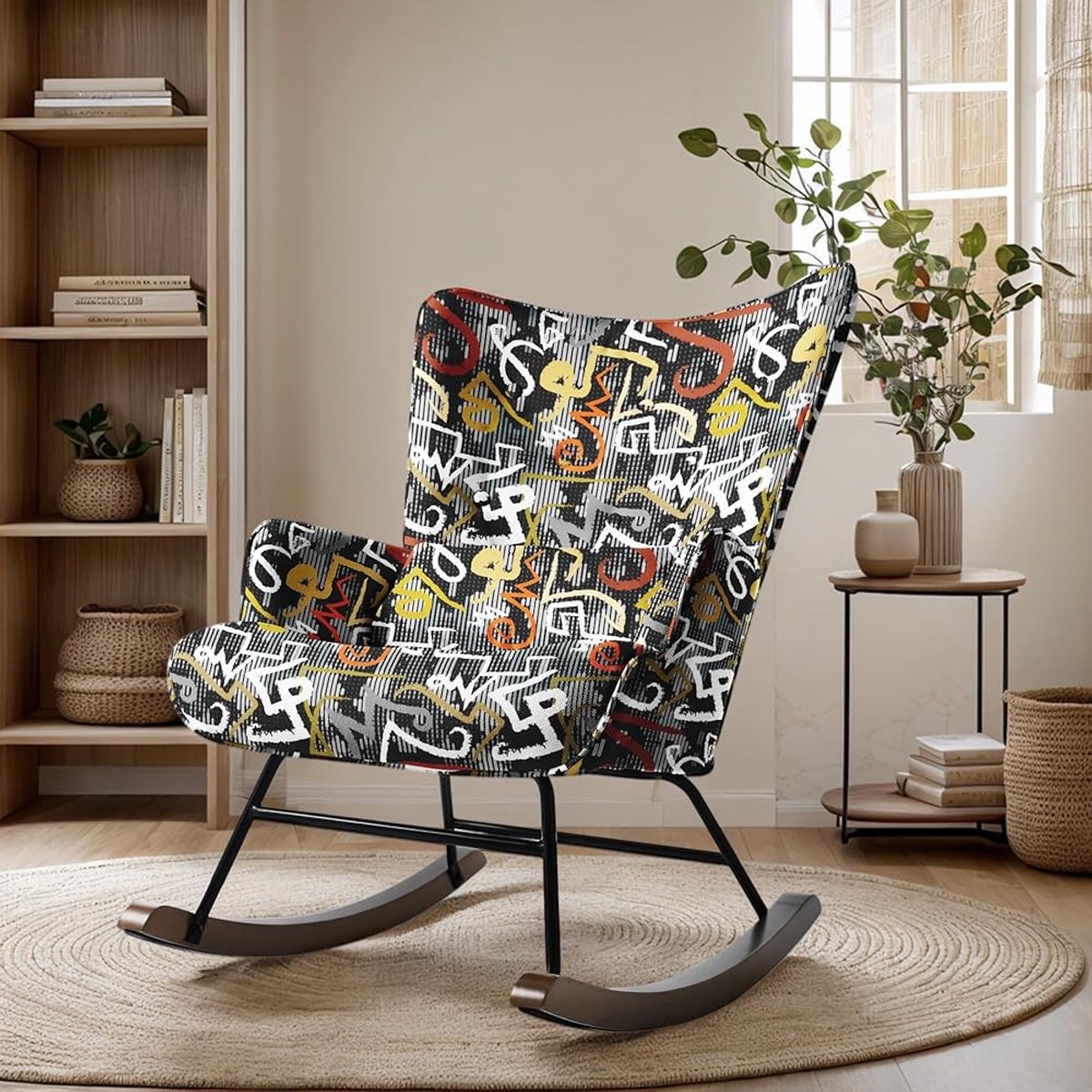 HomeMiYN Schommelstoel – Linnen Look Kleurrijke Symbolen Graffiti Rocking Chair – Moderne Design Fauteuil – Comfortabele Wipstoel met Hoge Rugleuning voor Woonkamer en Slaapkamer