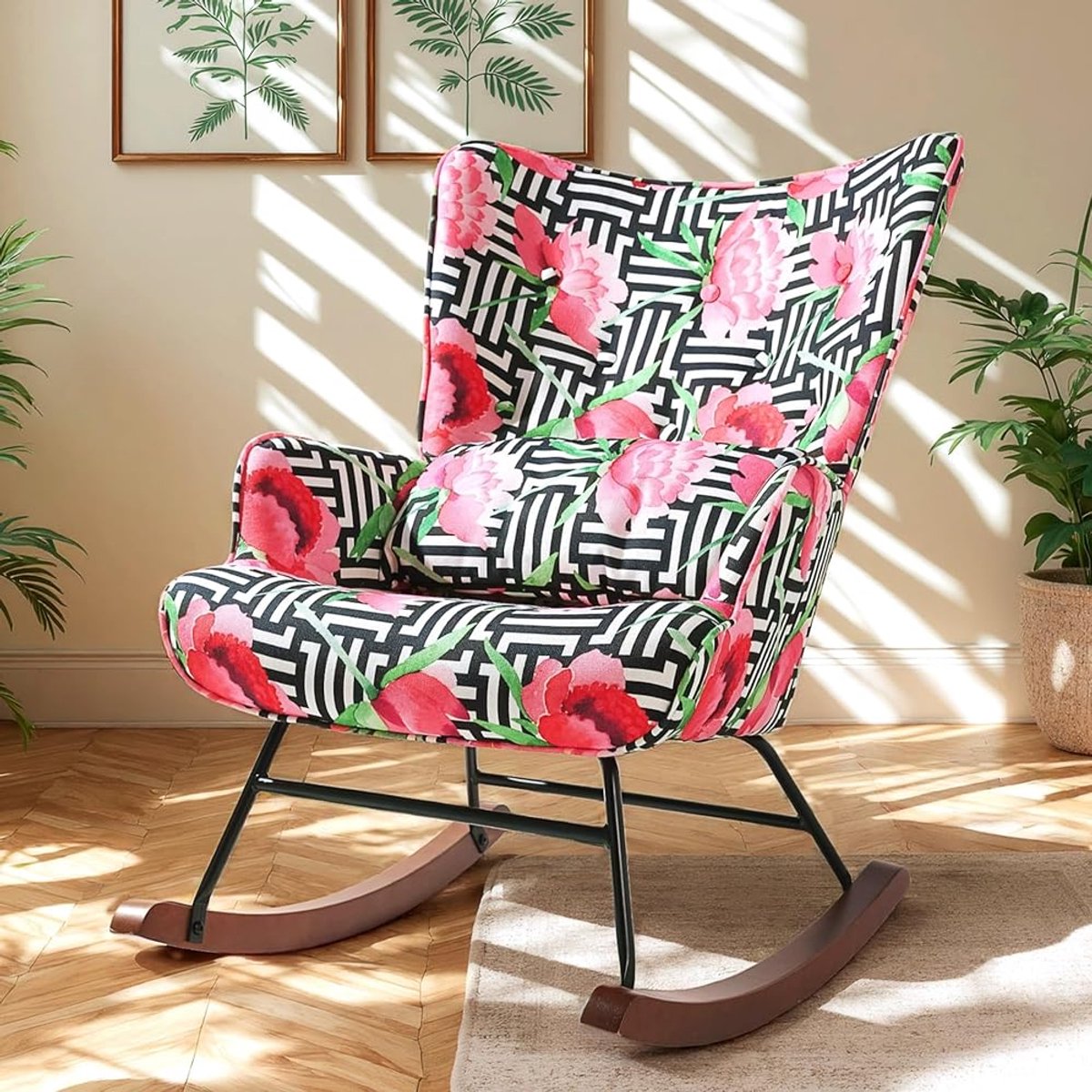 HomeMiYN Schommelstoel – Linnen Look Rozen Design Rocking Chair – Romantische Bloemen Fauteuil – Comfortabele Wipstoel met Hoge Rugleuning voor Woonkamer en Slaapkamer