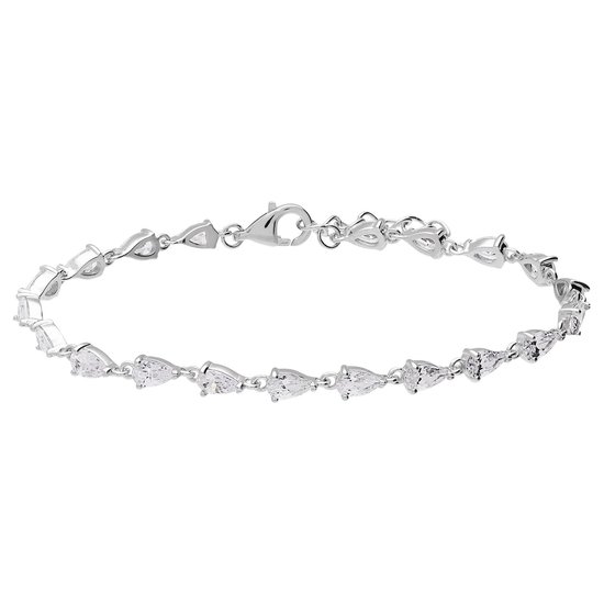 Zilverkleurige armband met schakels bezet met druppelvormige zirkonia steentjes. Sluiting met karabijn.