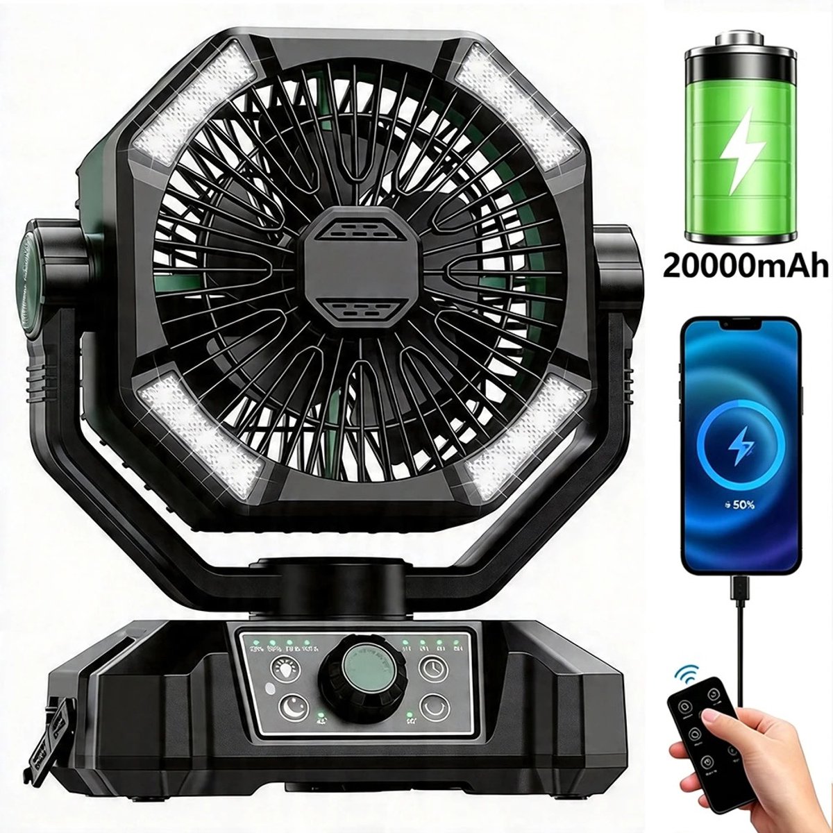 uJOY Ventilator - 8 instelbare ventilatorsnelheden - Automatische oscillatie - Powerbankfunctie - 4 LED-lampen - Kleur groen