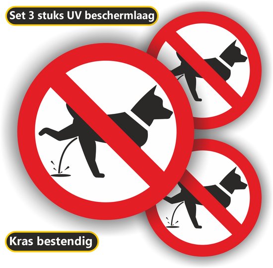 Trois autocollants d'avertissement ronds avec un chien noir urinant, dans un cercle rouge barré. Les autocollants supérieurs ont un texte jaune : "Set de 3 couches de protection UV" et "Résistant aux rayures".
