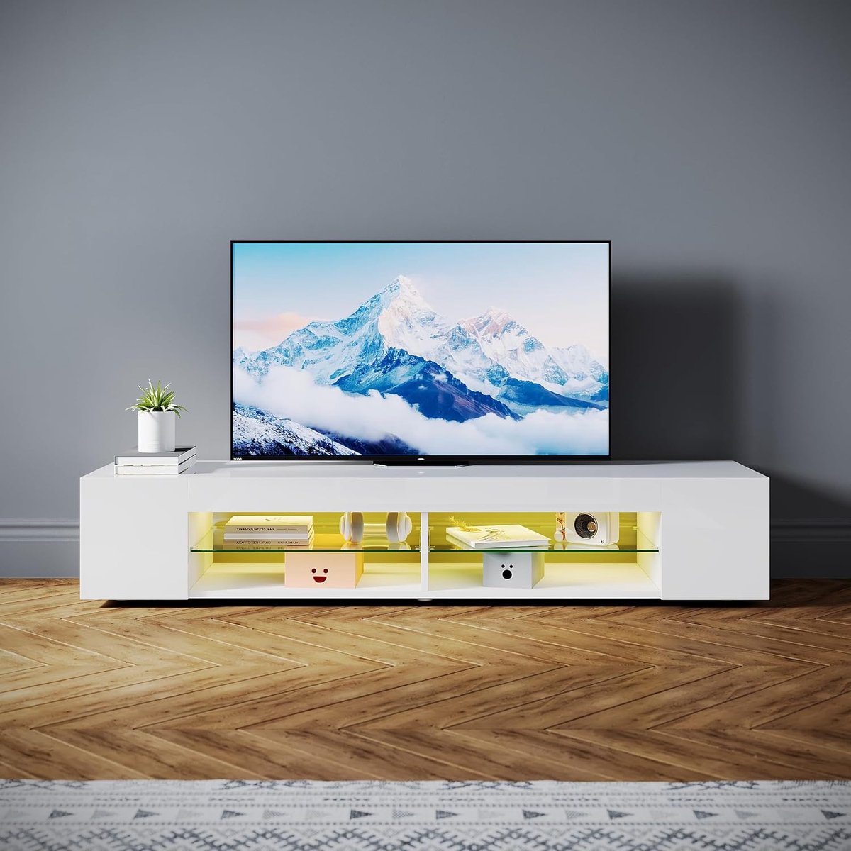 TV-meubel 160 cm Hoogglans Wit met LED Verlichting 16 Kleuren – House&Garden Modern Lowboard TV Kast met 6 Open Vakken, Glazen Planken en Kabelmanagement – Geschikt voor TV tot 65 Inch – 160 x 39 x 30 cm