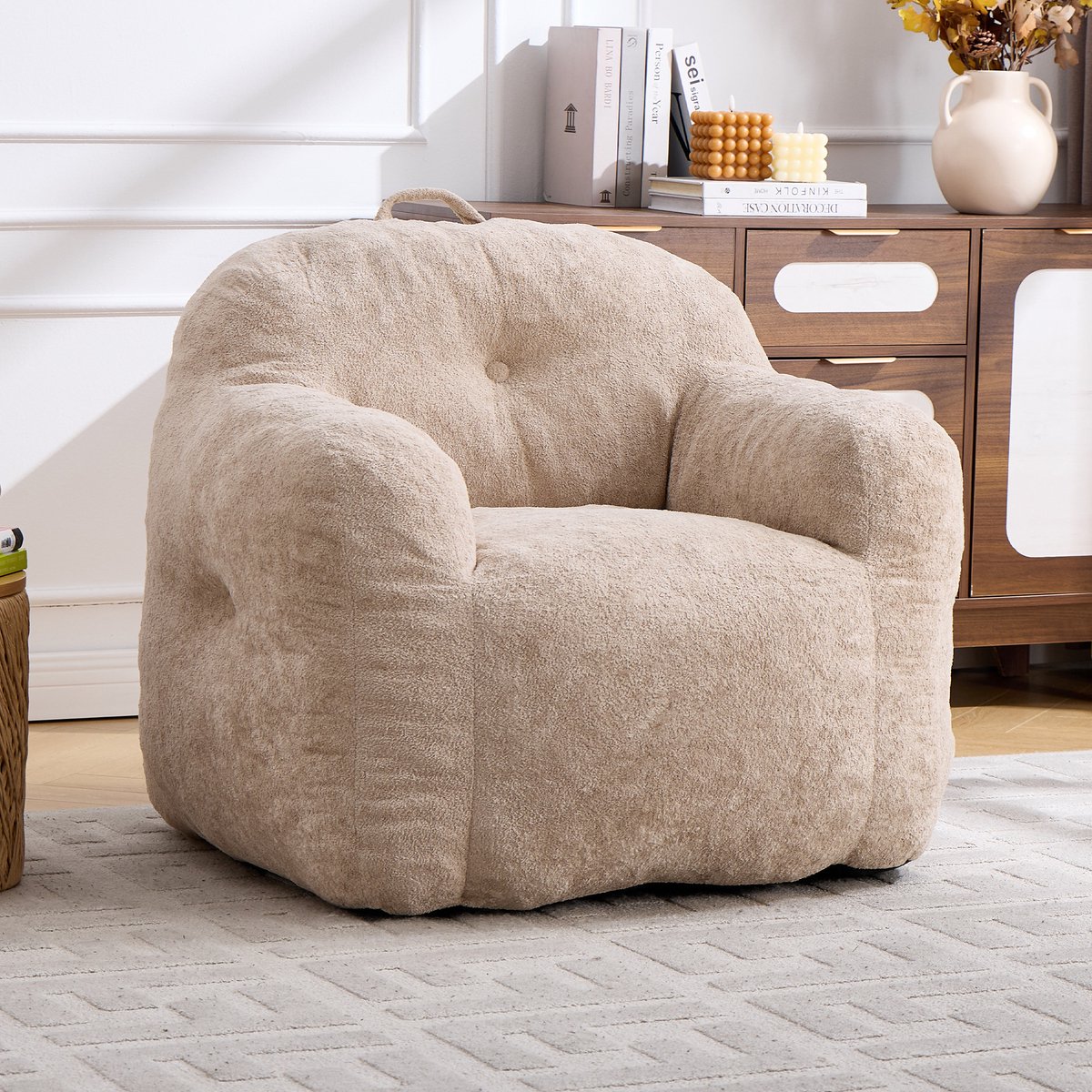 Zitzak Fauteuil van Chenille Imitatie Konijnenbont - Hoogdichtheid Versnipperd Schuim - Ergonomisch Ontwerp - Loungestoel voor Woonkamer, Slaapkamer en Kinderkamer - Max. 200 kg-Beige