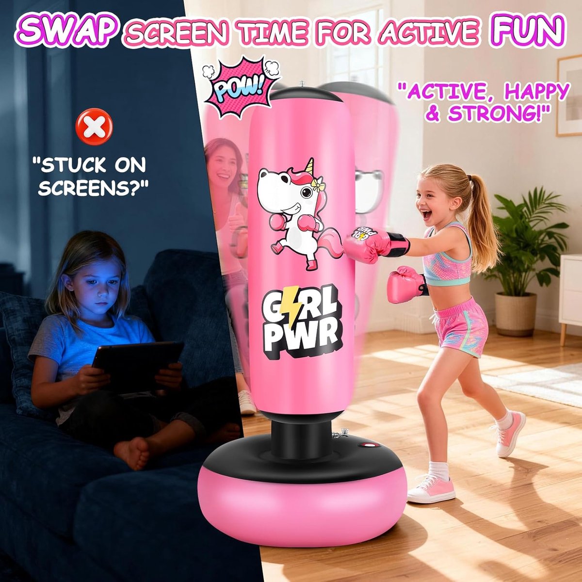 Opblaasbare Bokszak - Roze PVC - Stabiliteit door Verdikte Basis - Inclusief Bokshandschoenen - Voor Kinderen van 3-12 Jaar