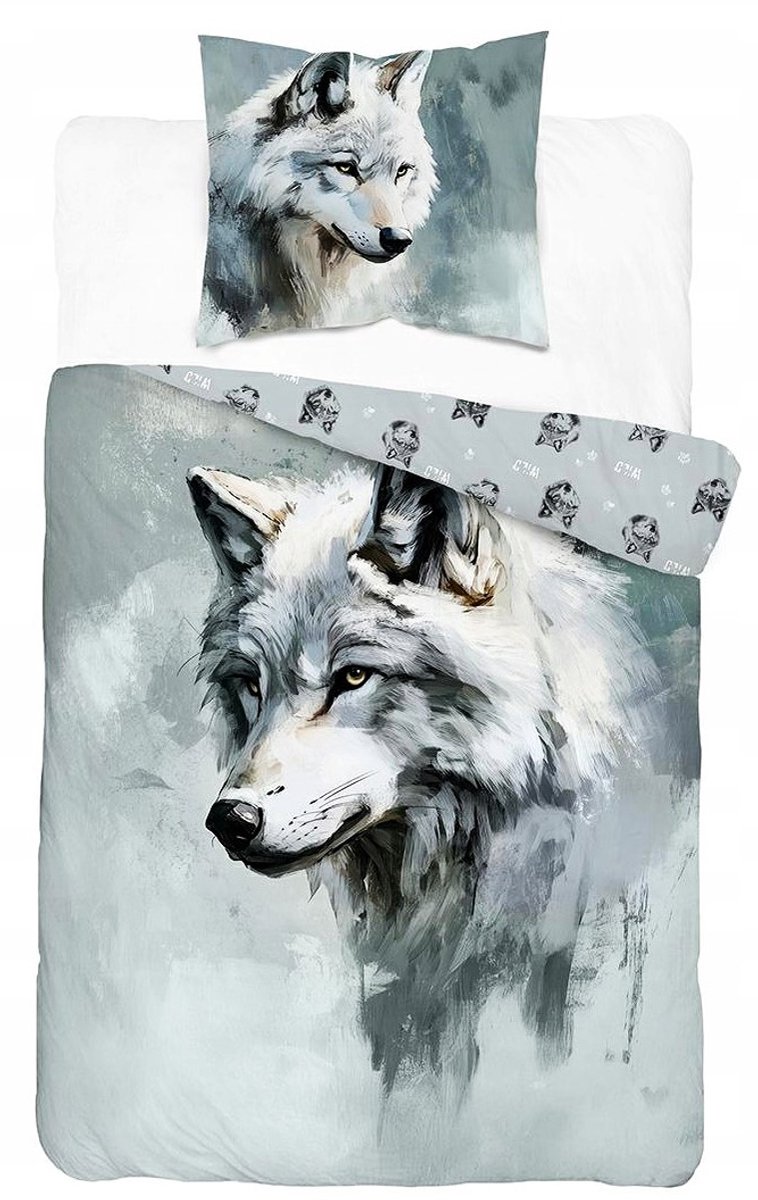1-persoons dekbedovertrek (dekbed hoes) grijs met wolf in aquarel geschilderd (tekening wild dier) KATOEN eenpersoons 140 x 200 cm