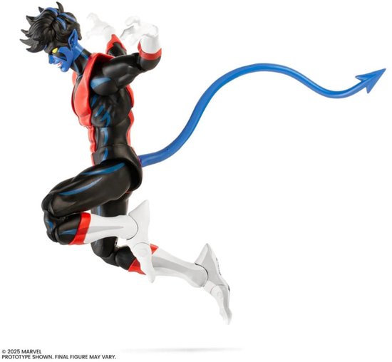 Nightcrawler met blauwe huid, zwart en rood pak, springt met blauwe staart.
