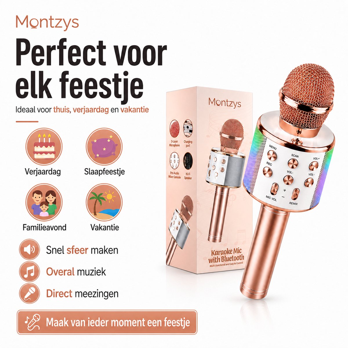 Montzys® Karaoke Microfoon Set - Bluetooth & Ingebouwde Speaker - Draadloos & LED - voor Kinderen & Volwassenen — cadeau in Gadgets - foto 2