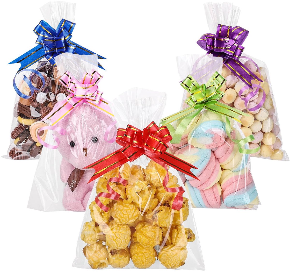 Dailygoods - 50 Stuks Transparante Cellofaanzakjes met Geschenkstrikken (10x15cm)