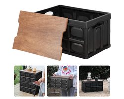 Beyahl - Opbergkrat met Deksel - Inklapbare Vouwkrat - Kunststof Opbergbox met MDF Deksel - Boodschappenkrat Opvouwbaar voor Auto, Camping en Thuis