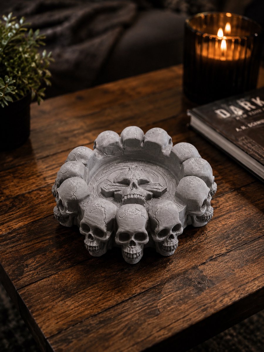 ABCShopper Schedel Asbak Grijs 13 cm – 3D Geprint PLA – Gothic Design – Skull Ashtray – Decoratieve Woonaccessoire – Mancave Decoratie