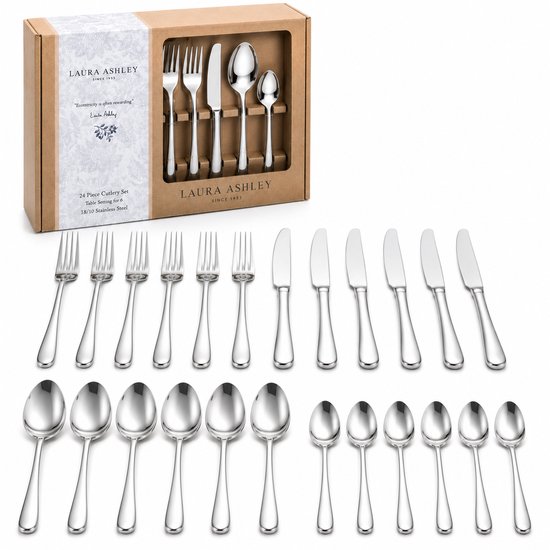Service de couverts Laura Ashley 24 pièces, finition brillante, acier inoxydable 18/10.