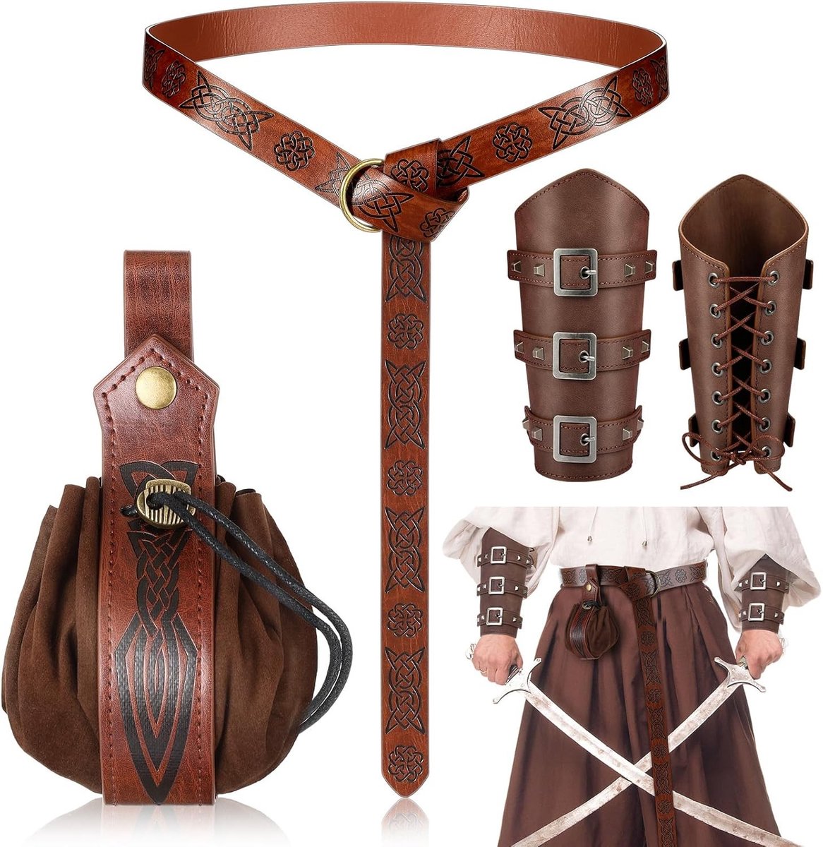 Middeleeuws Halloween Kostuum Accessoire Set met Leren Armbanden, Gekleed Riem en Gegraveerde Heuptas voor Ridders en Renaissance Feesten