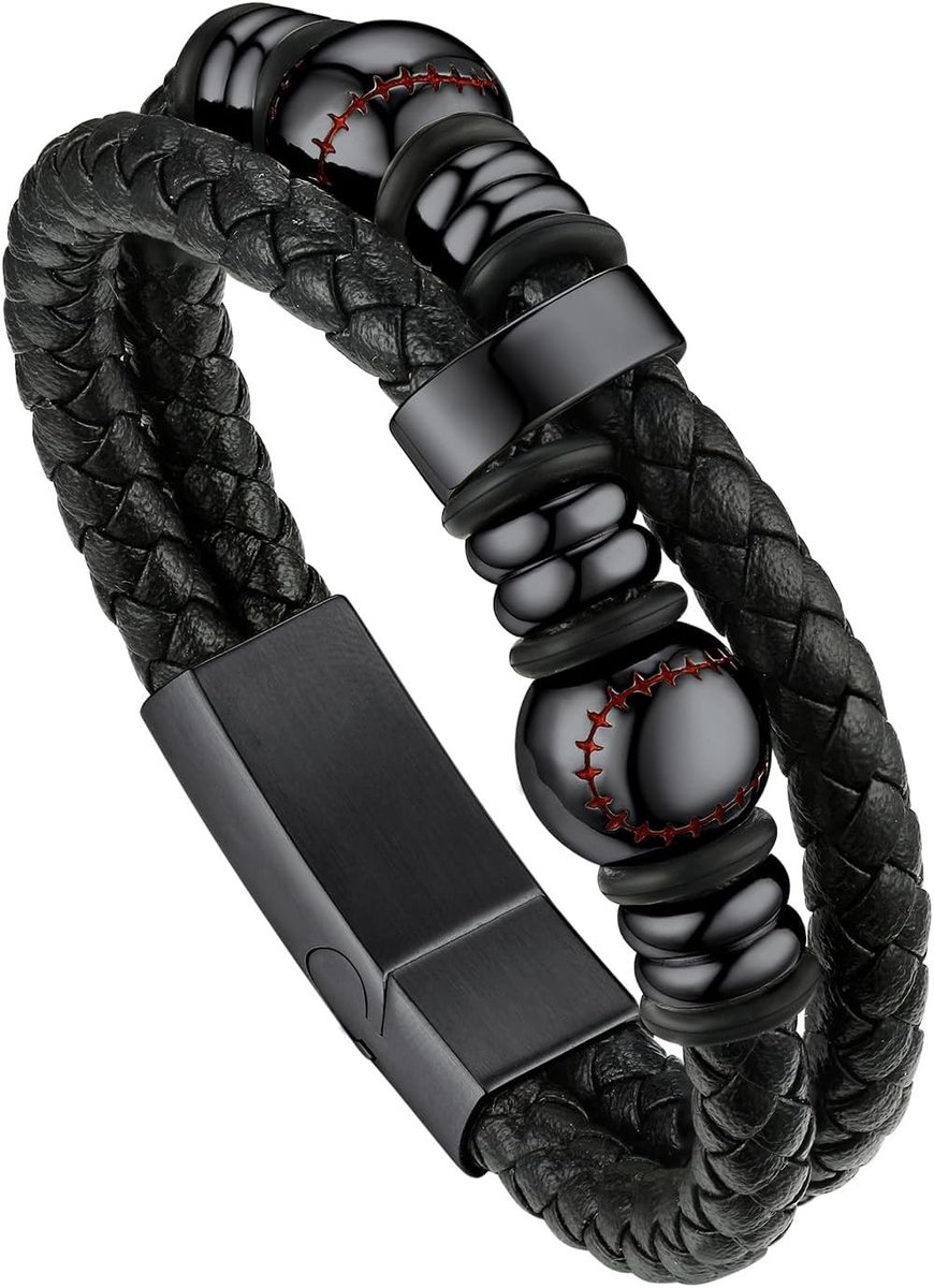Dubbele Rij Zwarte Gevlochten Leren Polsband voor Mannen met RVS Kralen en Magnetische Sluiting, Stijlvolle Leren Bangle voor Casual en Formele Gelegenheden