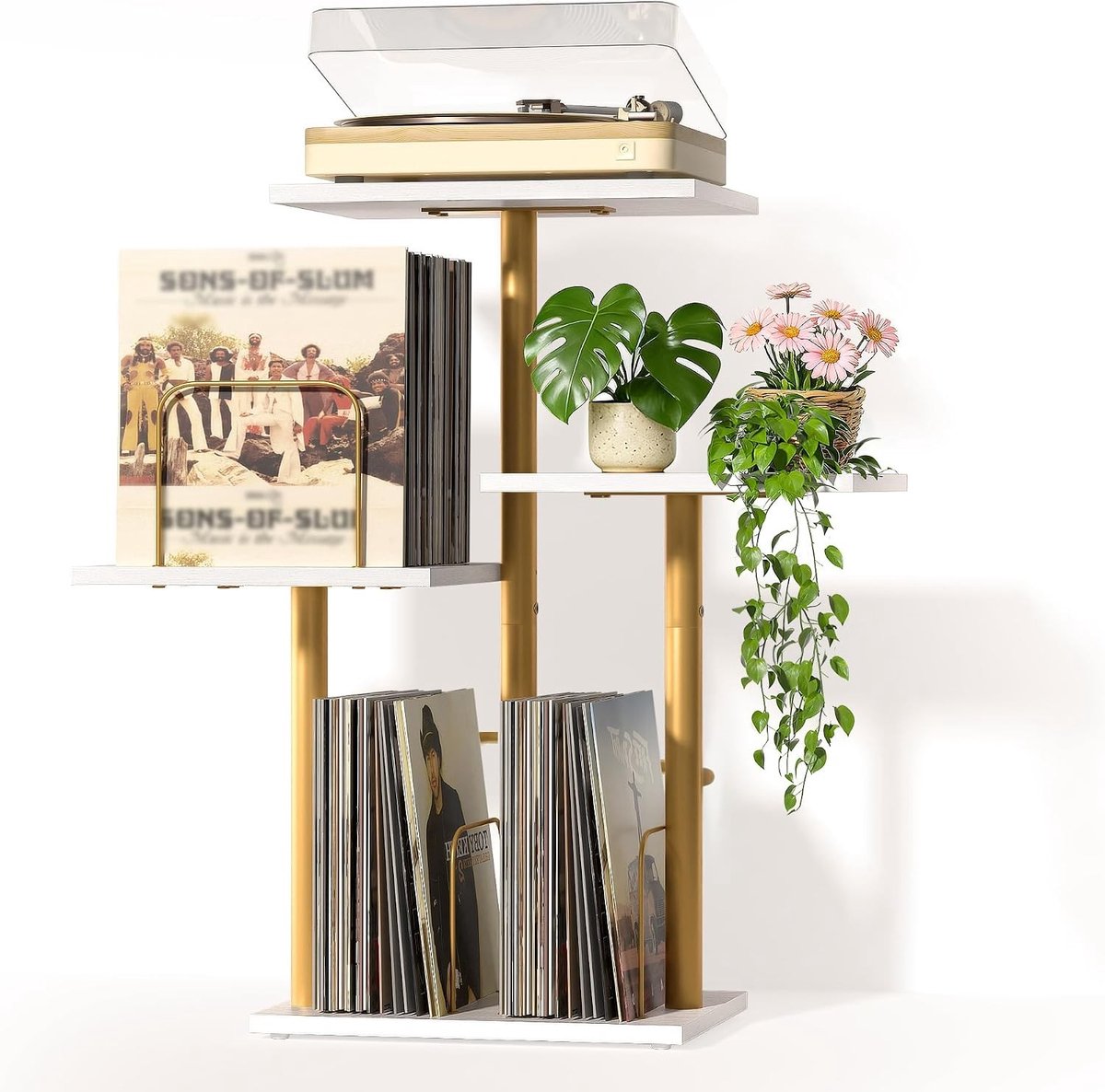 Botanische Platenspeler Standaard met Vinyl Opslag - Houten Album Organizer en Display voor Compacte Ruimtes, Ideaal voor Woonkamer en Slaapkamer met Stijlvolle Gouden Accenten