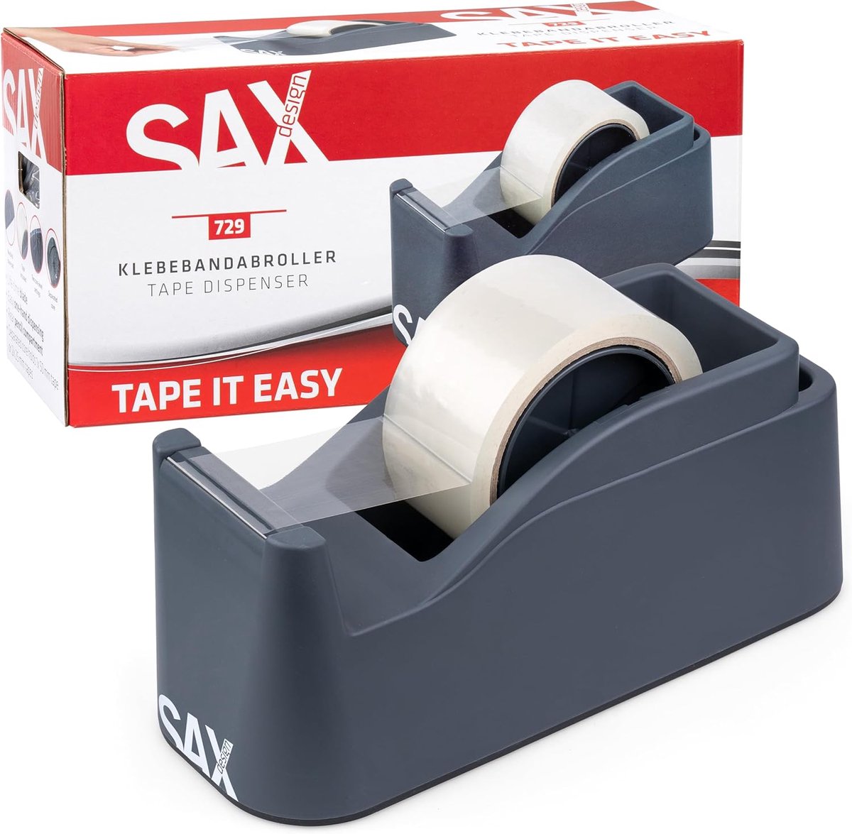 SnelShoppen - Tape Dispenser XXL Handmatig voor 50mm en 25mm Tape - Extra Stevig, Antaciet, met Penhouder en Dubbelzijdig Snijblad - Ideaal voor Kanto