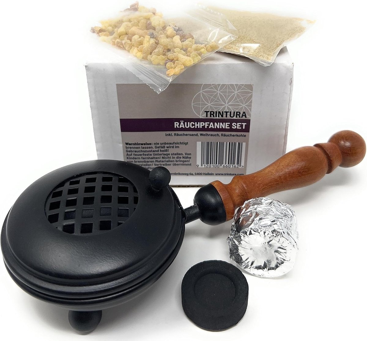 SnelShoppen - Smoke Pan Set - Censer voor Rook Incense, Harsen, Inclusief Rook, Rookkolen, Rookzand (4-delige Set, Zwart)
