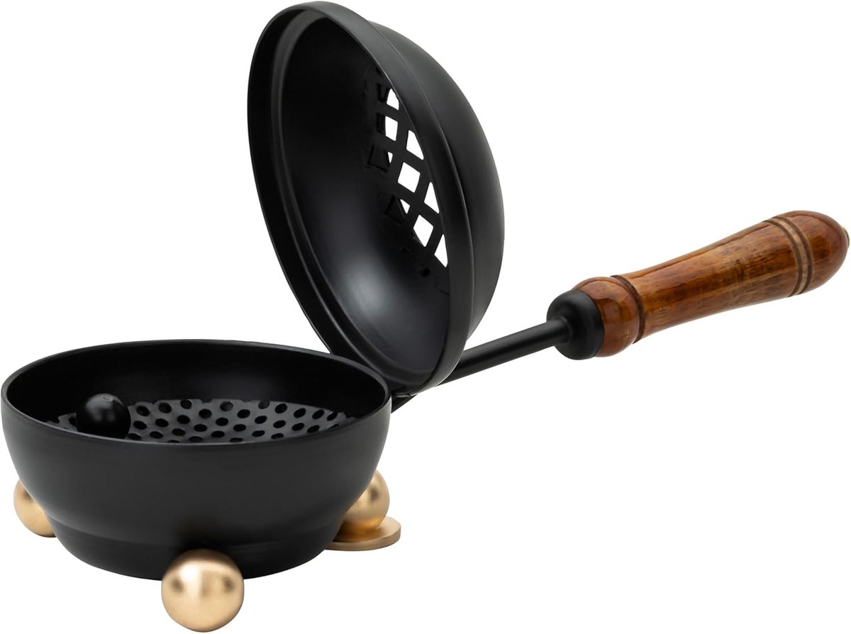 SnelShoppen - Compacte Zwarte Rookpan met Houten Handvat, Ø8 cm, Ideaal voor Thuis Roken van Incense en Kruid, Inclusief Afneembare Zeef