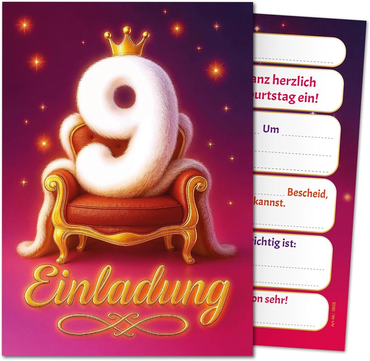 SnelShoppen - 12 Uitnodigingskaarten 9e Kinderverjaardag Meisjes - Verjaardagsuitnodigingen voor 9 Jaar - Fotodruk 300 g/m² - Gemaakt in Duitsland