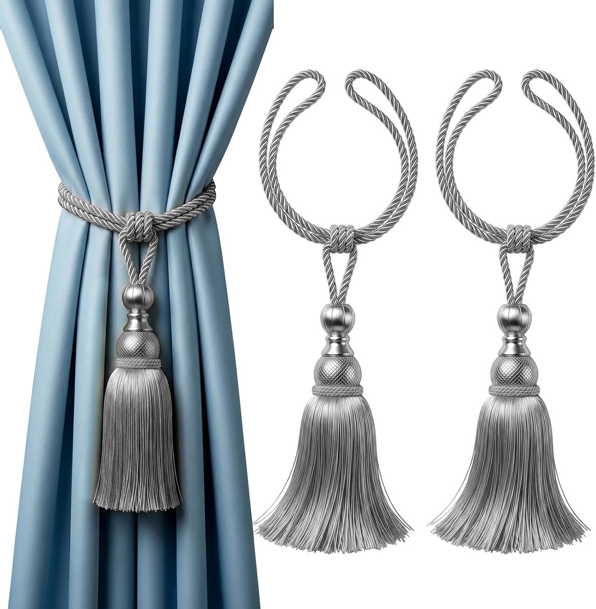 SnelShoppen - 2 Stuks Gordijnhouders met Tassels - Handgemaakte Rope Tassel in Zilvergrijs - Perfect voor Woonkamer, Slaapkamer, Bibliotheek, Hotel