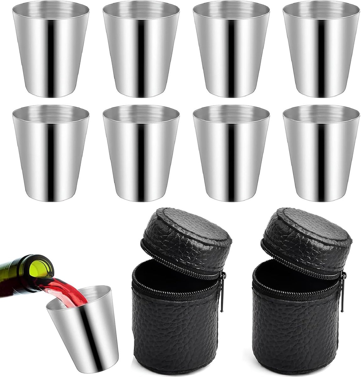SnelShoppen - 8 Stuks RVS Shotglazen 30 ml - Stapelbare Metalen Cups met 2 Leren Opbergtassen - Ideaal voor Feesten, Camping en Buitenactiviteiten
