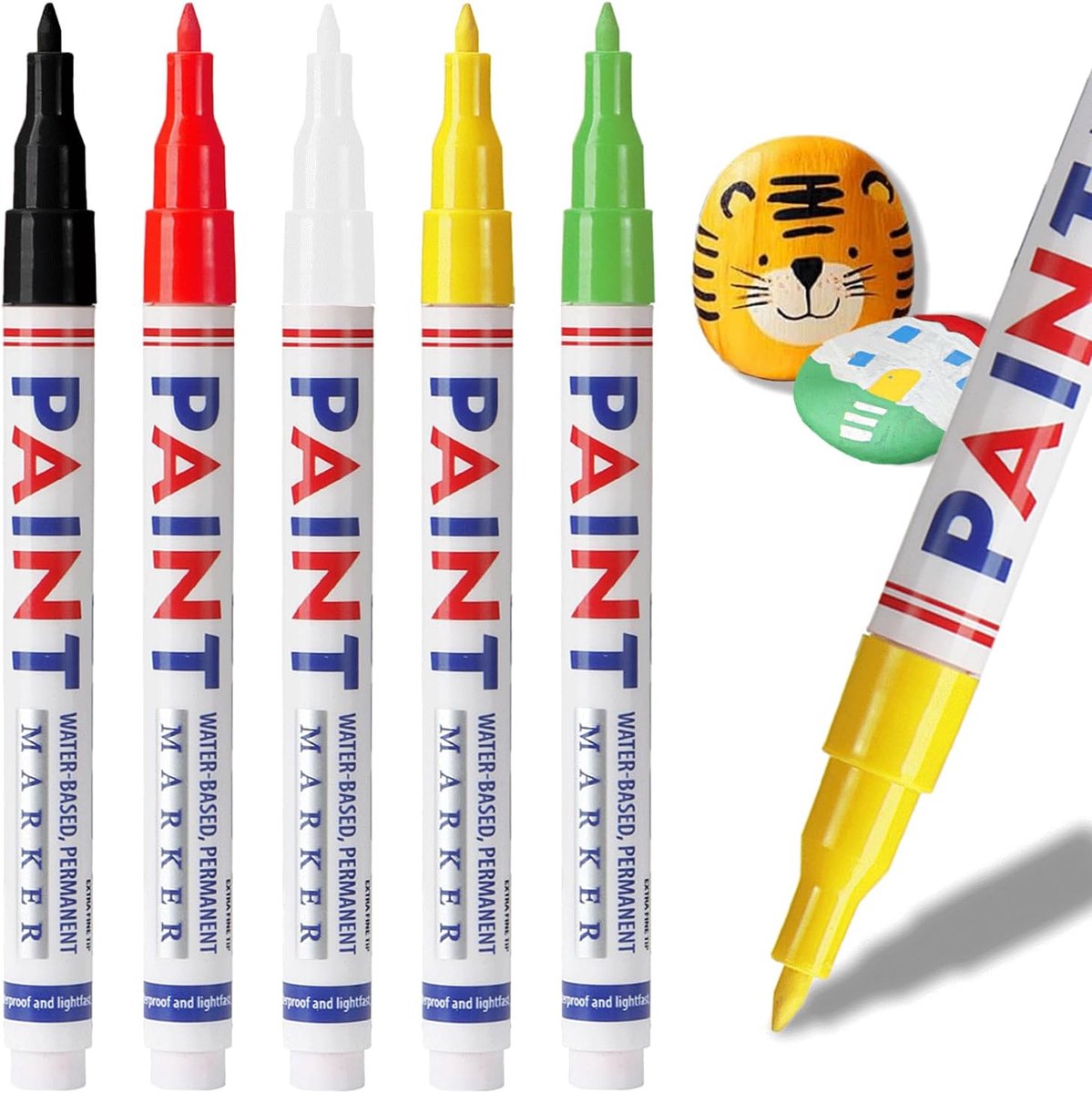 SnelShoppen - 5 Verf Penselen - Permanente Marker Set - 3 mm - Waterproof - Zwart, Wit, Geel, Groen, Rood - Voor Steen, Glas, Plastic, Metaal, Hout, K