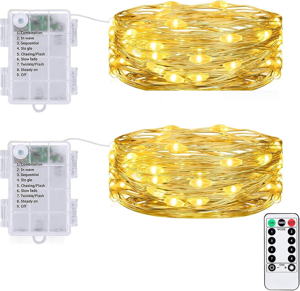 SnelShoppen - 2 x 10 m 100 Micro LED Batterij Fairy Lights met Zilverdraad, 8 Modi, Timer en Afstandsbediening voor Kerst, Halloween en Valentijnsdag