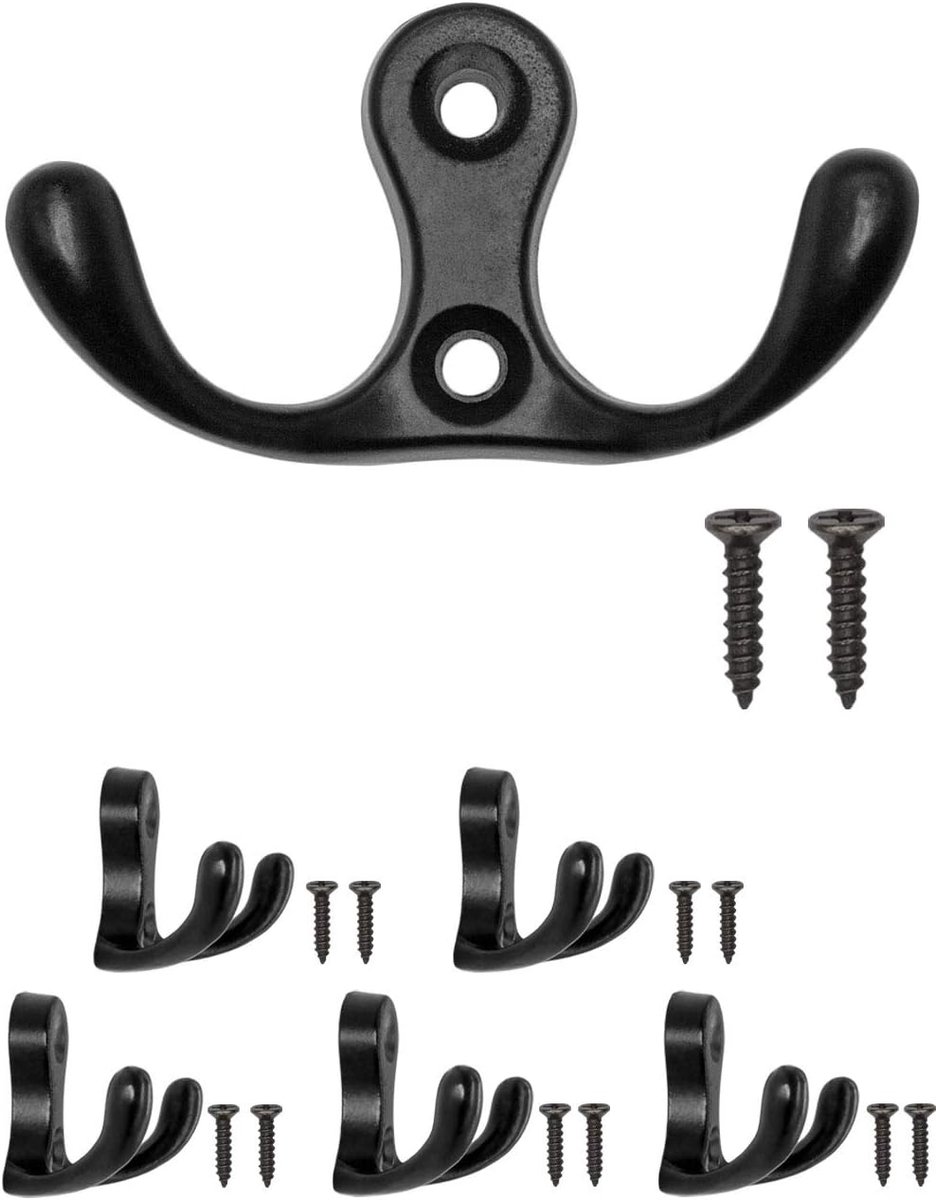 SnelShoppen - Antique dubbelhaken set van 5 - Vintage kledinghaken, handdoekhaken, ijzeren haken, matte zwarte kleur, retro design 55 x 31 mm voor kas