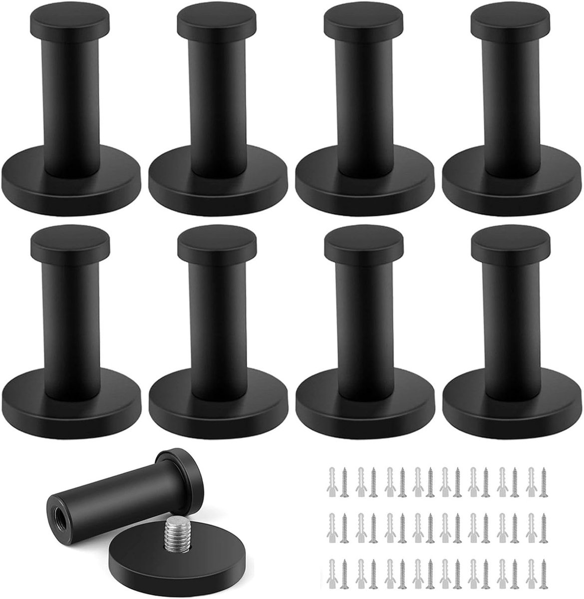 SnelShoppen - Kledinghaken Zwart Matte Lak 53 mm - Ronde Wandhaken RVS - Set van 8 Verbeterde Modellen - Sterke Haak voor Vaak Gebruikte Items
