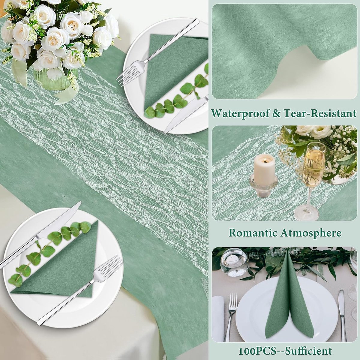 SnelShoppen - Table Runner Vlieseline Eucalyptus 30cm x 30m - Witte Decoratieve Kant Tapes & Servetten - Groene Tafellaken Set voor Doop, Communie, Ve