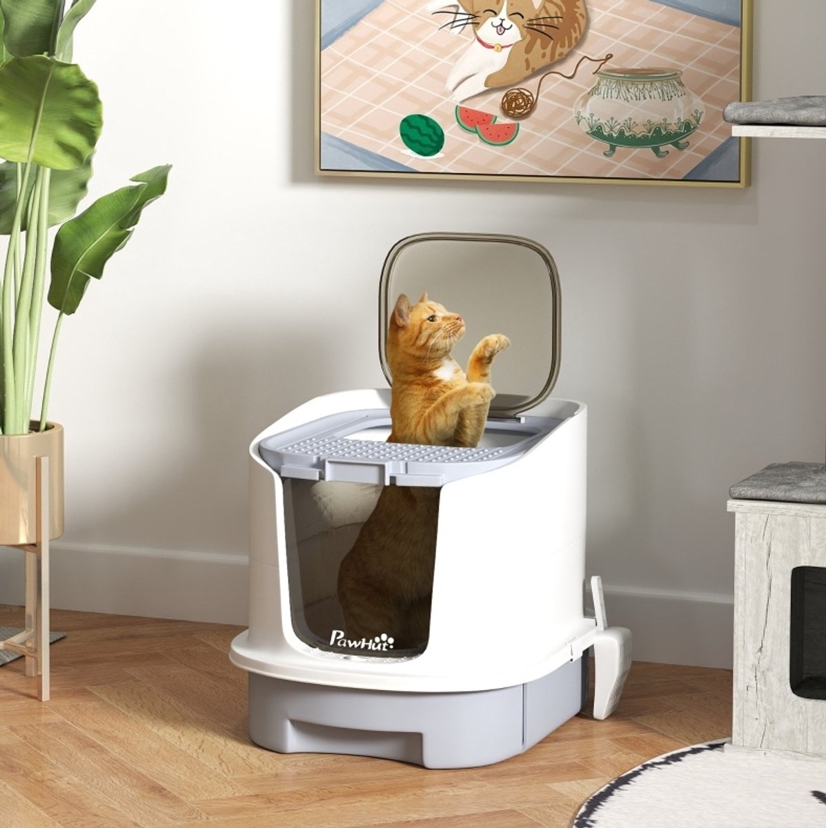 COVREO Kattenbak 40,5 x 52,5 x 42,5 cm – grijs kunststof, topingang en uittrekbare lade