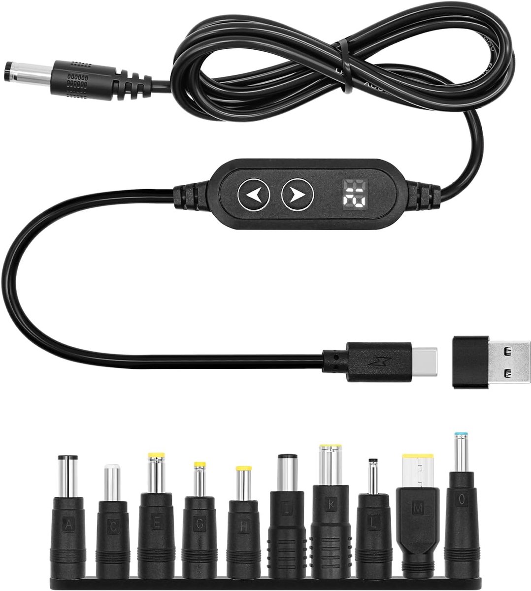 SnelShoppen - PD & USB naar DC 5.5 x 2.1 mm Adapter Kabel met 10 DC Plugs en Type C naar USB Adapter, 5V/9V/12V/15V/20V Instelbare Spanning, 1.2 m