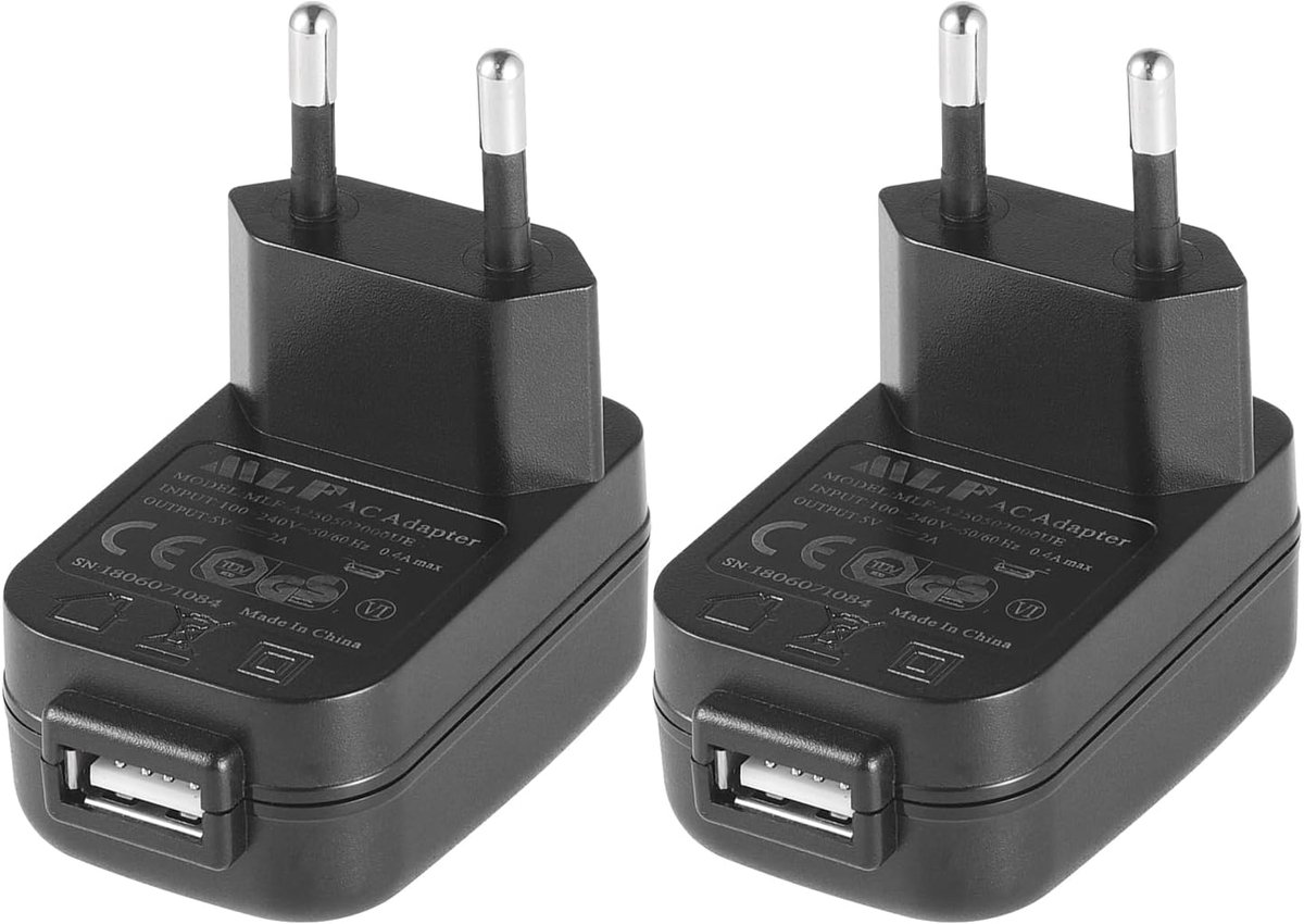 SnelShoppen - Pack van 2 USB Opladers, 5V 2A, 10W AC naar DC Adapter voor IP Camera's, Tablets, MP3 Spelers, E-Readers, Smartphones, Power Tools