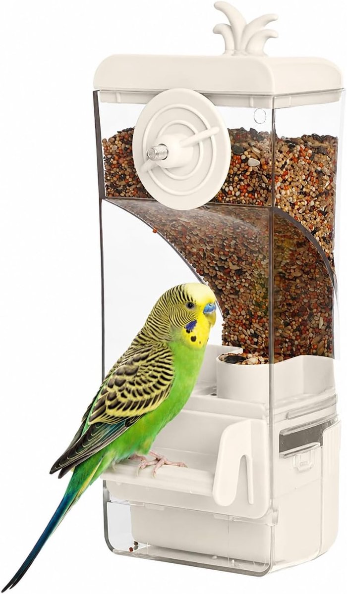SnelShoppen - Automatische Vogelvoederautomaat voor Kleine Vogels met Perch, Geschikt voor Parkieten, Kanaries, Cockatiels en Vinken - Wit, Makkelijk
