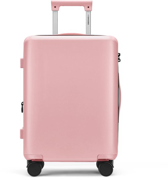 Roze handbagage koffer met uittrekbaar handvat en vier wielen.