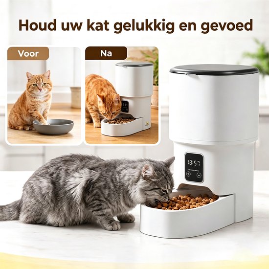 Grijze kat eet uit een witte automatische voerbak. Twee kleine afbeeldingen tonen een rode kat, eerst voor een lege kom, dan bij de voerbak.