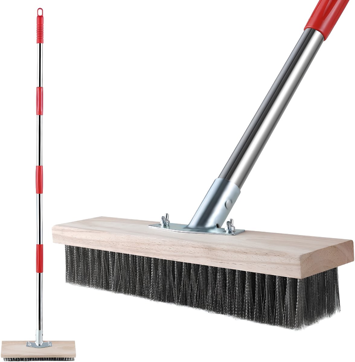 SP® Onkruidborstel - 4 Roestvrijstalen Verlengstukken - Onkruidverwijderborstel - Borstel en Bladschraper - Zilver/Rood - 4cm x 30cm x 145cm