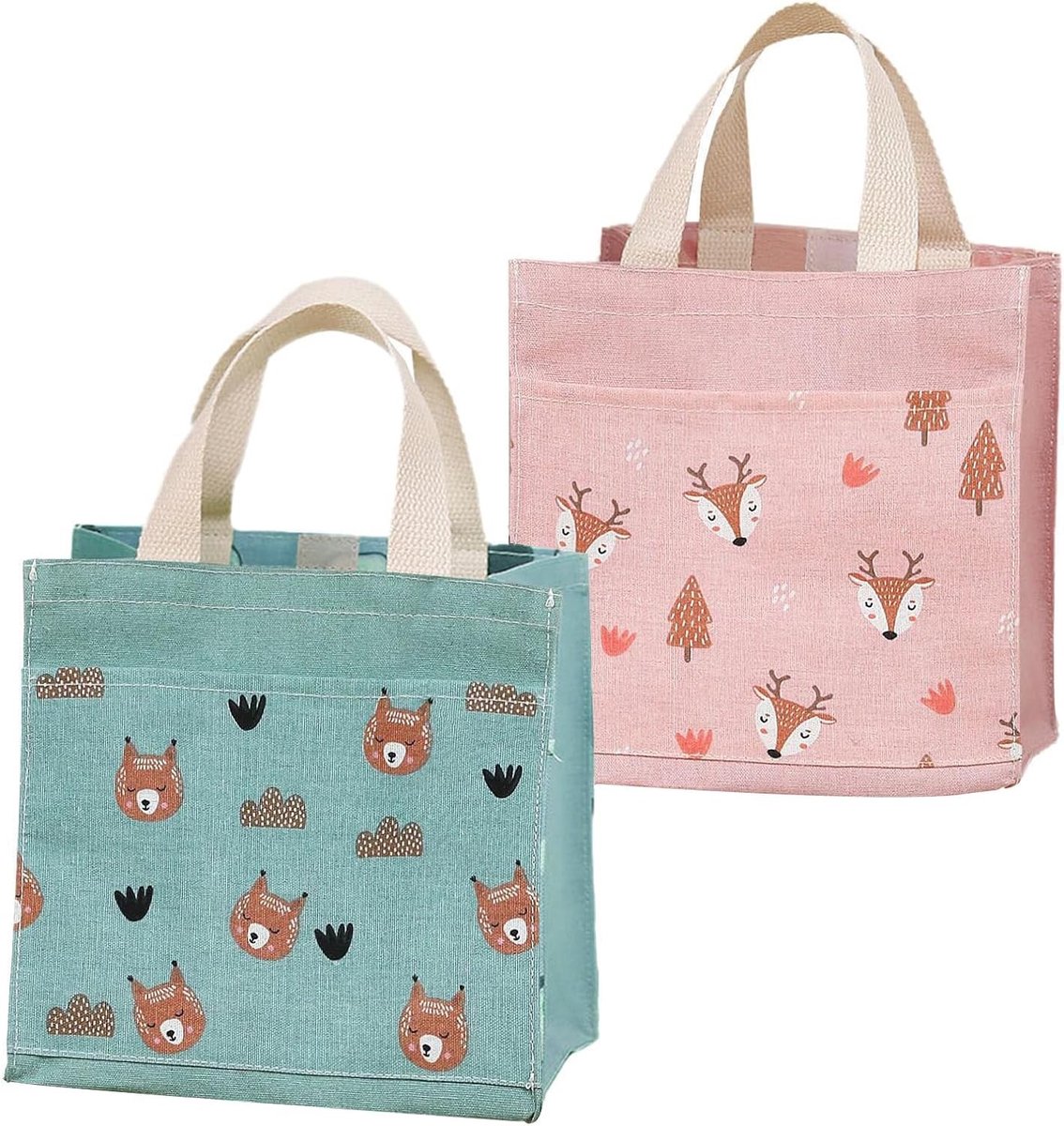 Herbruikbare Mini Boeken- en Boodschappentassen voor Kinderen - Ideaal voor School, Reizen en Kamperen (Groen, Roze)