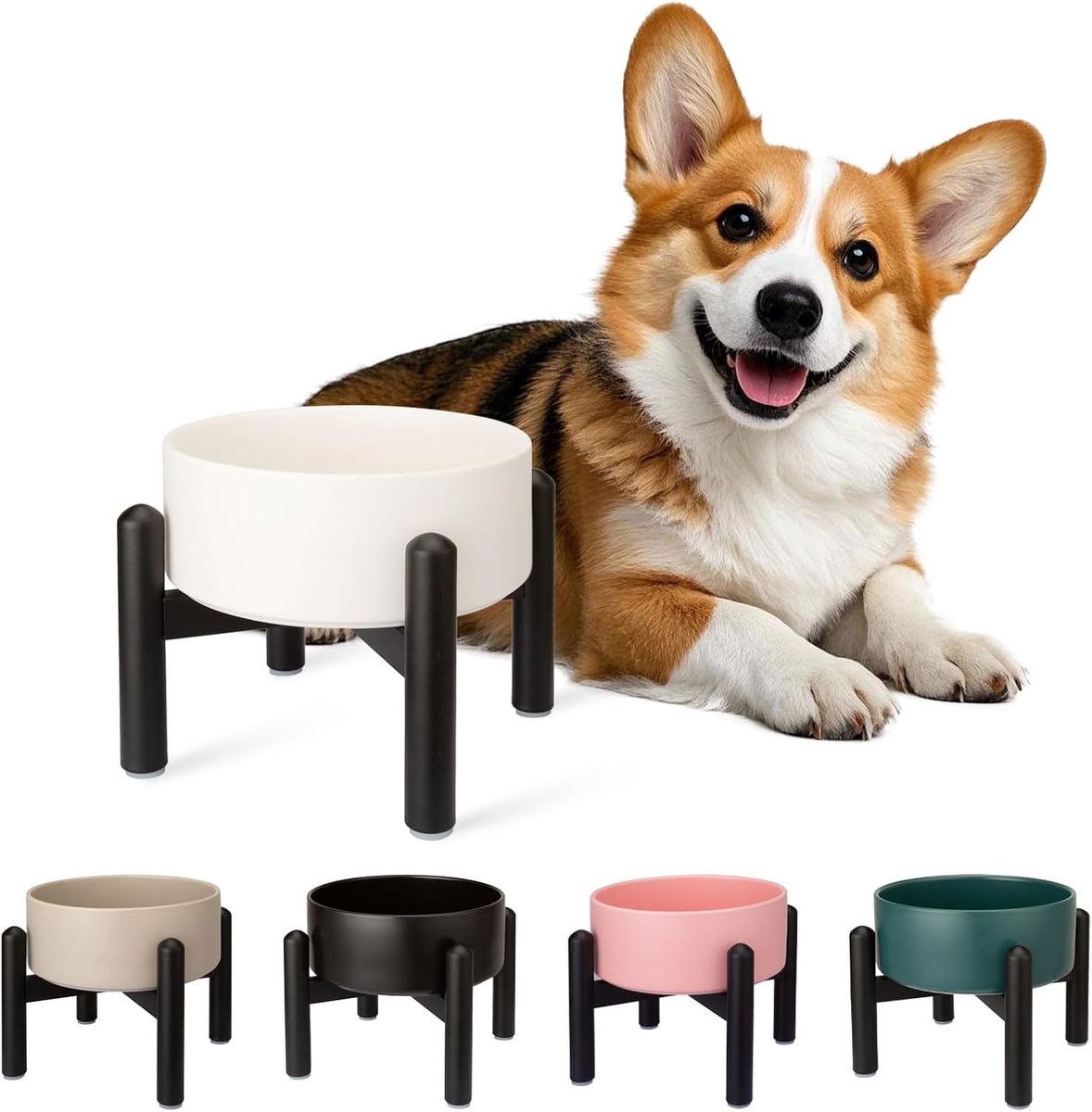 SnelShoppen - Verhoogde Hondenvoerbak - Keramische Voer- en Waterbak met RVS Stand - Voor Kleine tot Middelgrote Honden - 16 Inch - 2 Kopjes (850ml) -